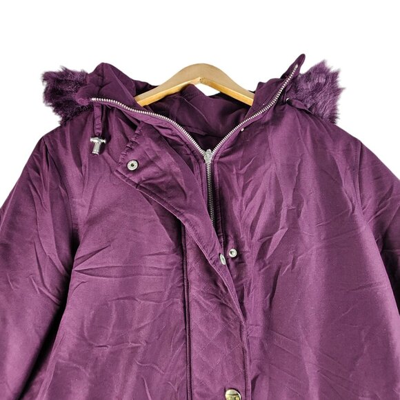 Woman Within Womens Hooded Winter Coat Purple Faux Fur Trim & Pockets 14/16 - Picture 3 of 7